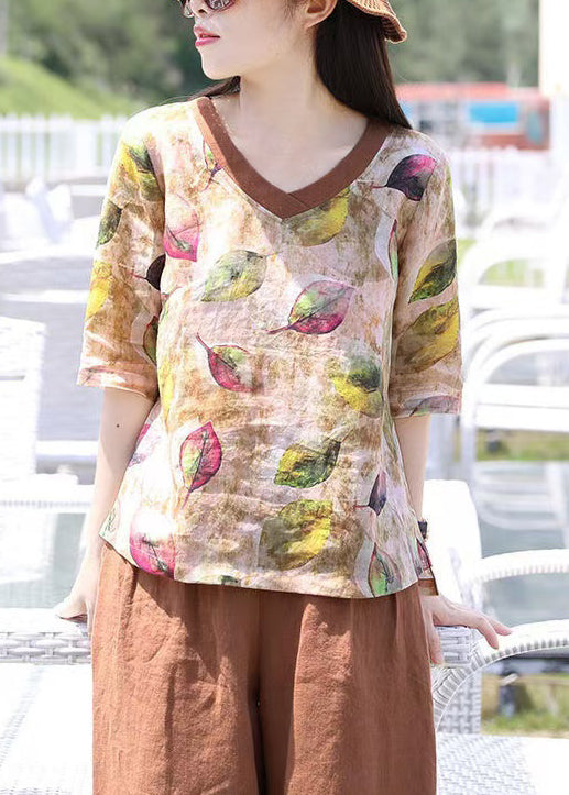 V Neck Print Loose Cotton Blouse Top Summer