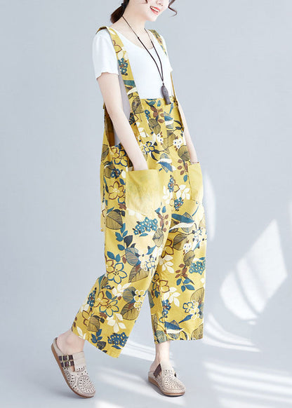 Yellow Pockets Print Denim Crop Wide Leg Jumpsuit Spring