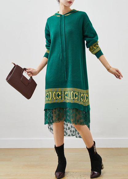 Green Hooded Patchwork Lace Knit Vacation Dresses Spring