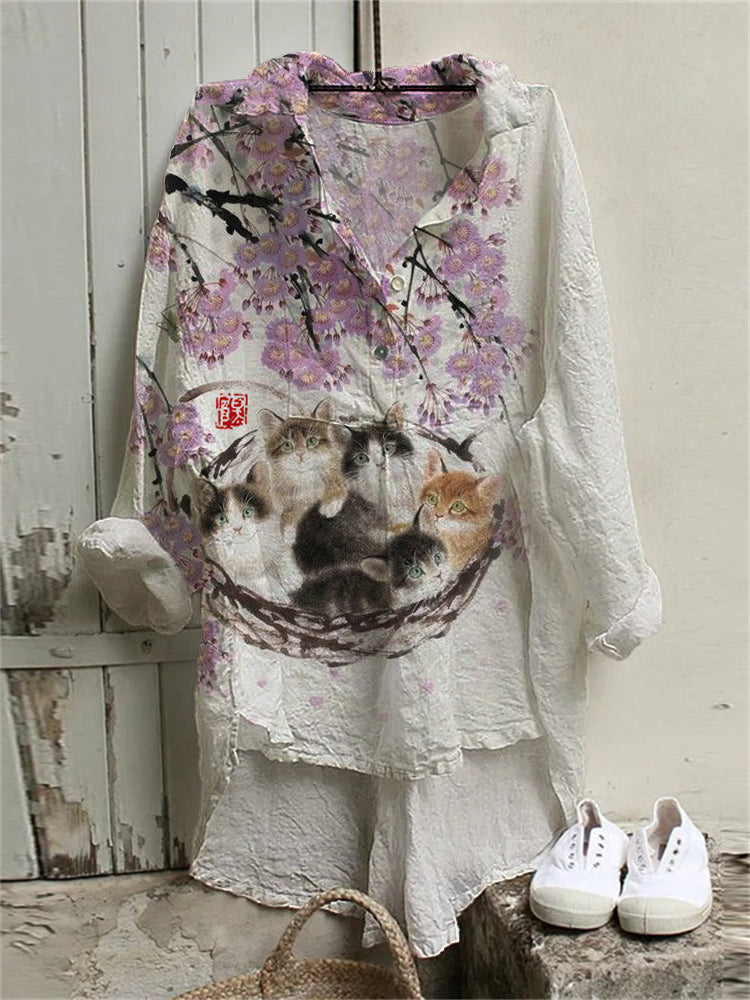 Cats under Floral Tree Japanese Art High Low Tunic elevenforest