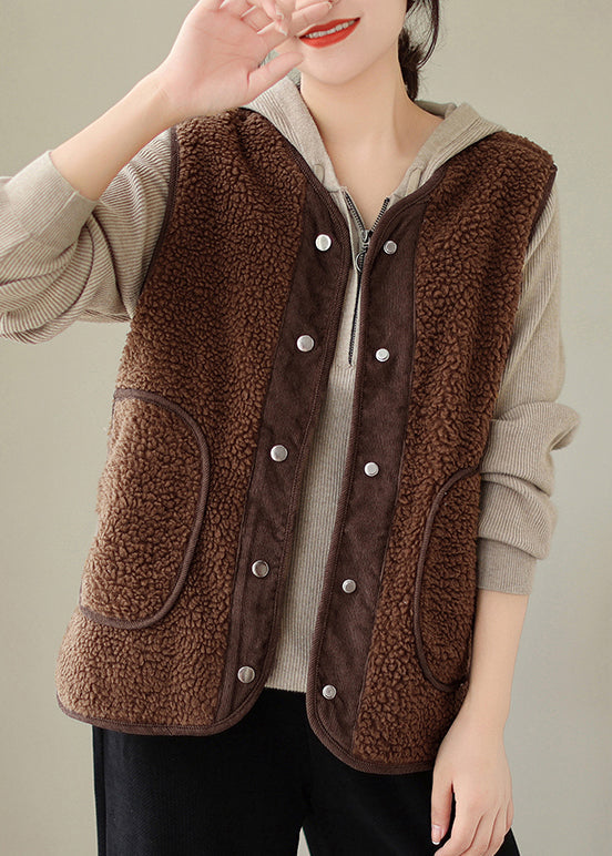 Brown Button Pockets Teddy Faux Fur Waistcoat Sleeveless