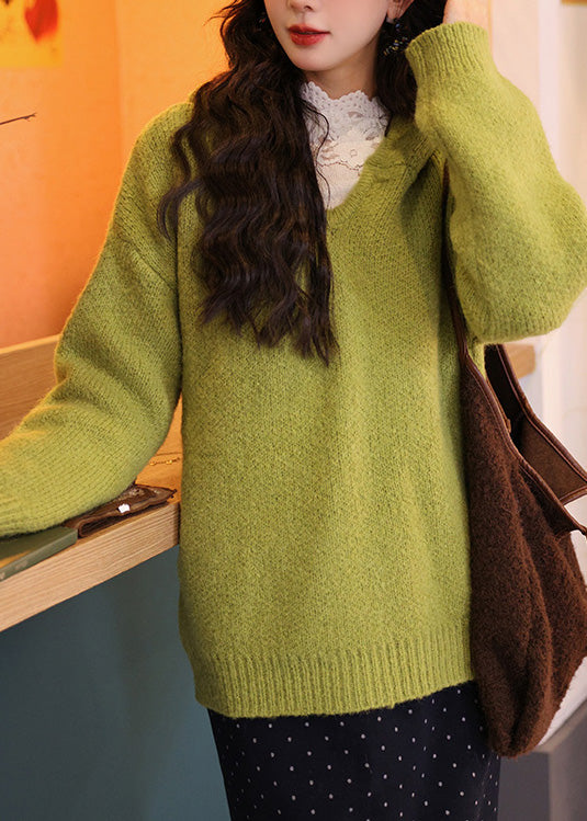 Green Hooded Loose Knit Sweaters Spring