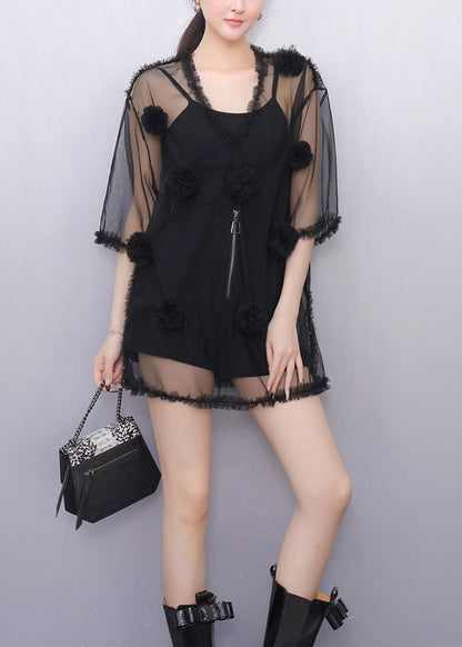 Black Ruffled Tulle Top V Neck Half Sleeve