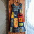 Comstylish Pop Art Cat Patchwork Denim Midi Dress