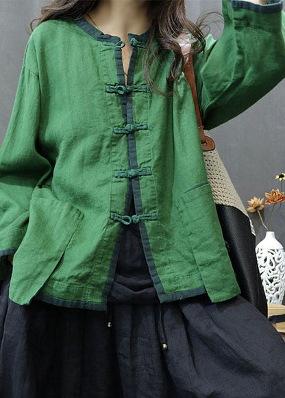 Retro Green O-neck Patchwork Button Side Open Shirts Long Sleeve