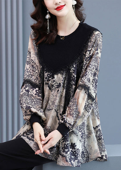 Loose Apricot Retro Jacquard Patchwork Tops Spring