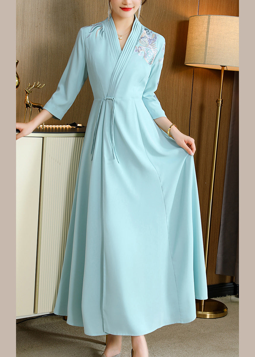 Yellow V Neck Embroideried Drawstring Satin Long Dresses Fall