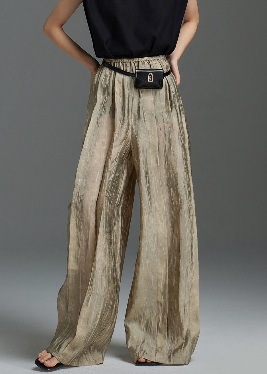 Modern Khaki Wrinkled Elastic Waist Silk Pants Spring