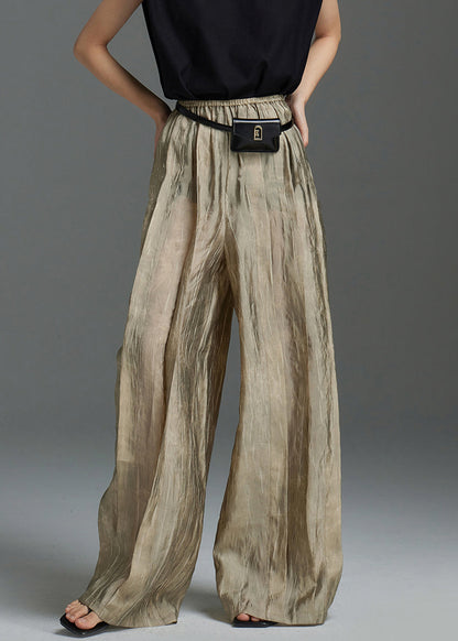 Modern Khaki Wrinkled Elastic Waist Silk Pants Spring