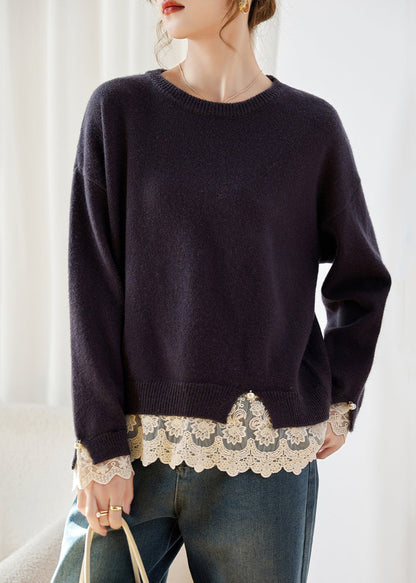Deep Purple Lace Patchwork Cotton Knit Sweaters Fall