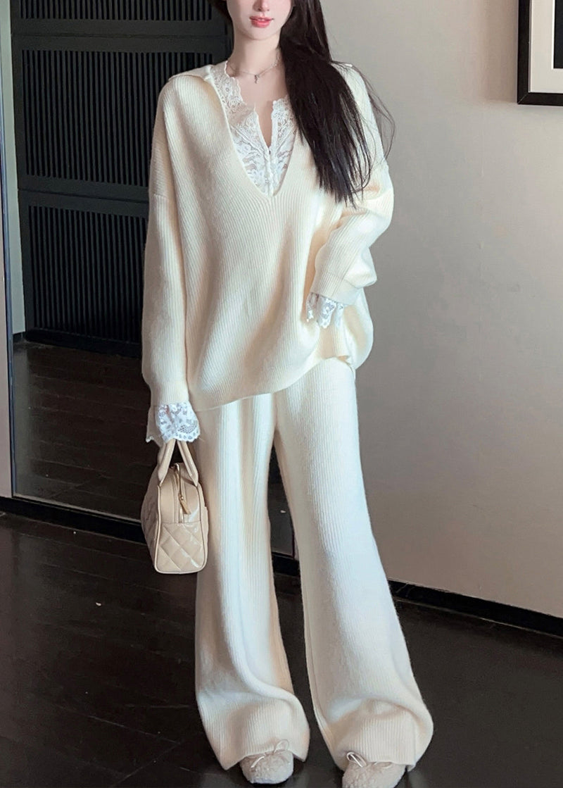 Loose White V Neck Cozy Sweaters and Pants Knit Two Piece Set Fall