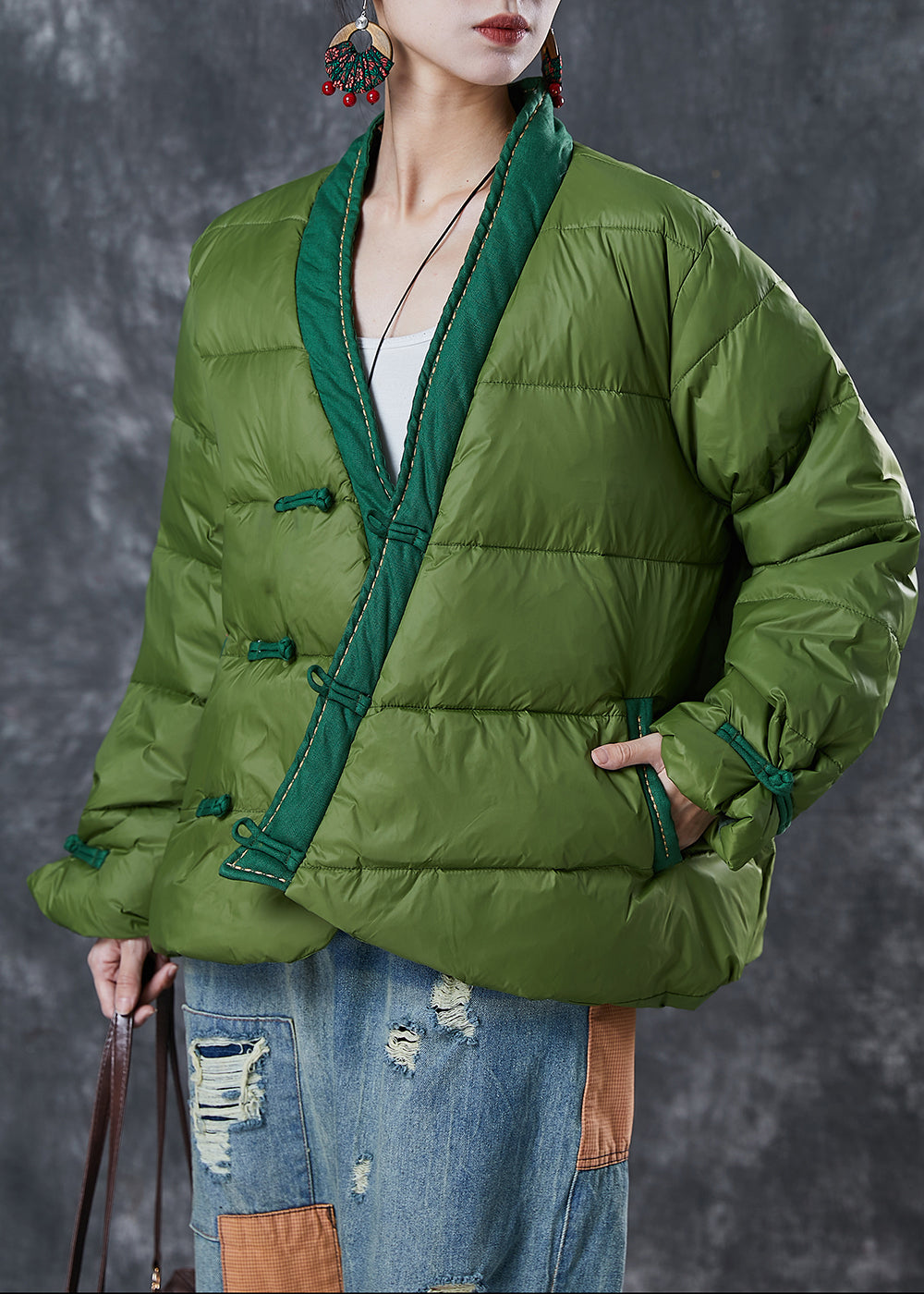 Green Patchwork Fine Cotton Filled Chinese Style Coats Chinese Button Winter