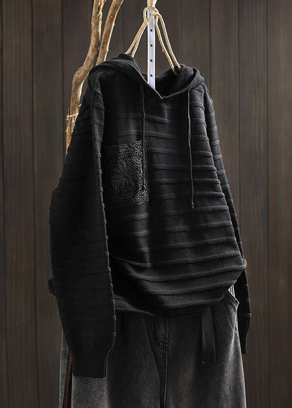 Khaki Hooded Pockets Cotton Knit Sweaters Long Sleeve