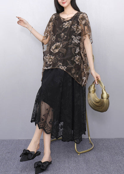 Print Chiffon Tops and Tulle Dress Two Pieces Set Summer