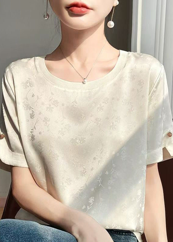 Beige Jacquard Original Design Silk Blouses Short Sleeve