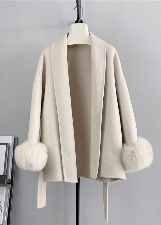 Beige Tie Waist Fox Patchwork Woolen Coats Winter