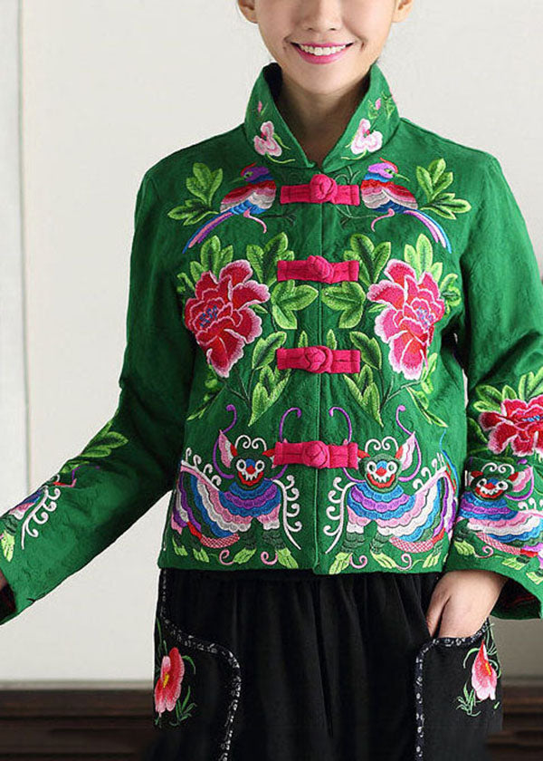 Green Stand Collar Embroideried Cotton Jacket Fall