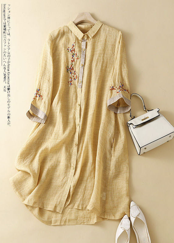 Blue Cashew Nuts Embroidered Patchwork Linen Shirt Dress Summer