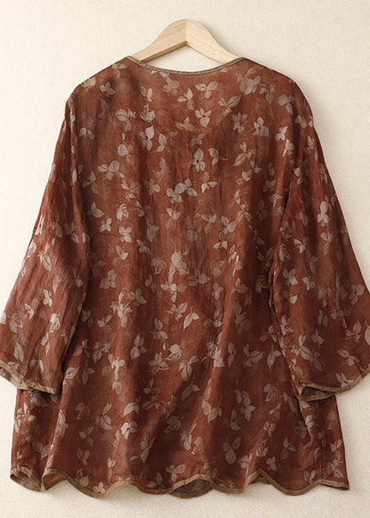 Red O Neck Print Patchwork Linen Shirt Bracelet Sleeve
