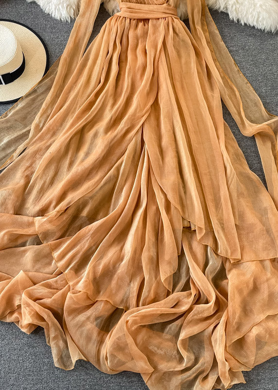 Italian Yellow V Neck Tunic Chiffon Maxi Beach Dress Short Sleeve Summer