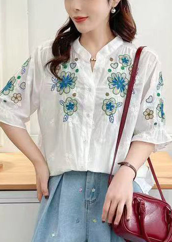 White Stand Collar Embroidered Cotton Tops Summer