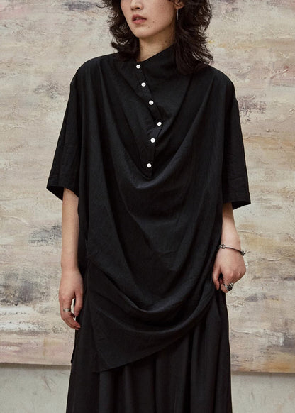 Black Stand Collar Button Cotton Blouses Half Sleeve