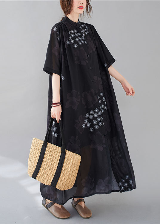 Black Stand Collar Oversized Print Chiffon Shirt Dresses Summer