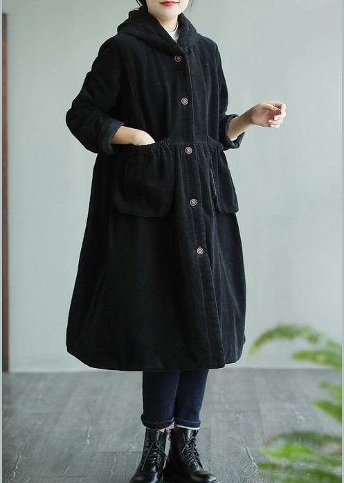 Classy Black Fine Maxi Coat Sewing Hooded Pockets Coats