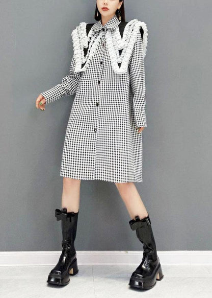 Italian Grey Plaid Peterpan Collar Button Dresses Fall Long Sleeve