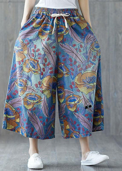 Blue Pockets Print Tie Waist Fall Wide Leg Pants