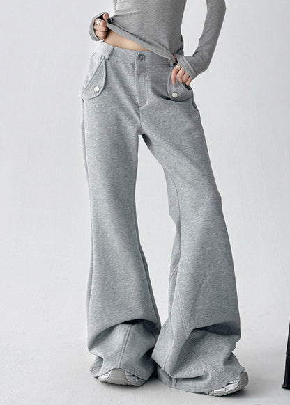 Grey Pockets Patchwork Cotton Flared Trousers Fall