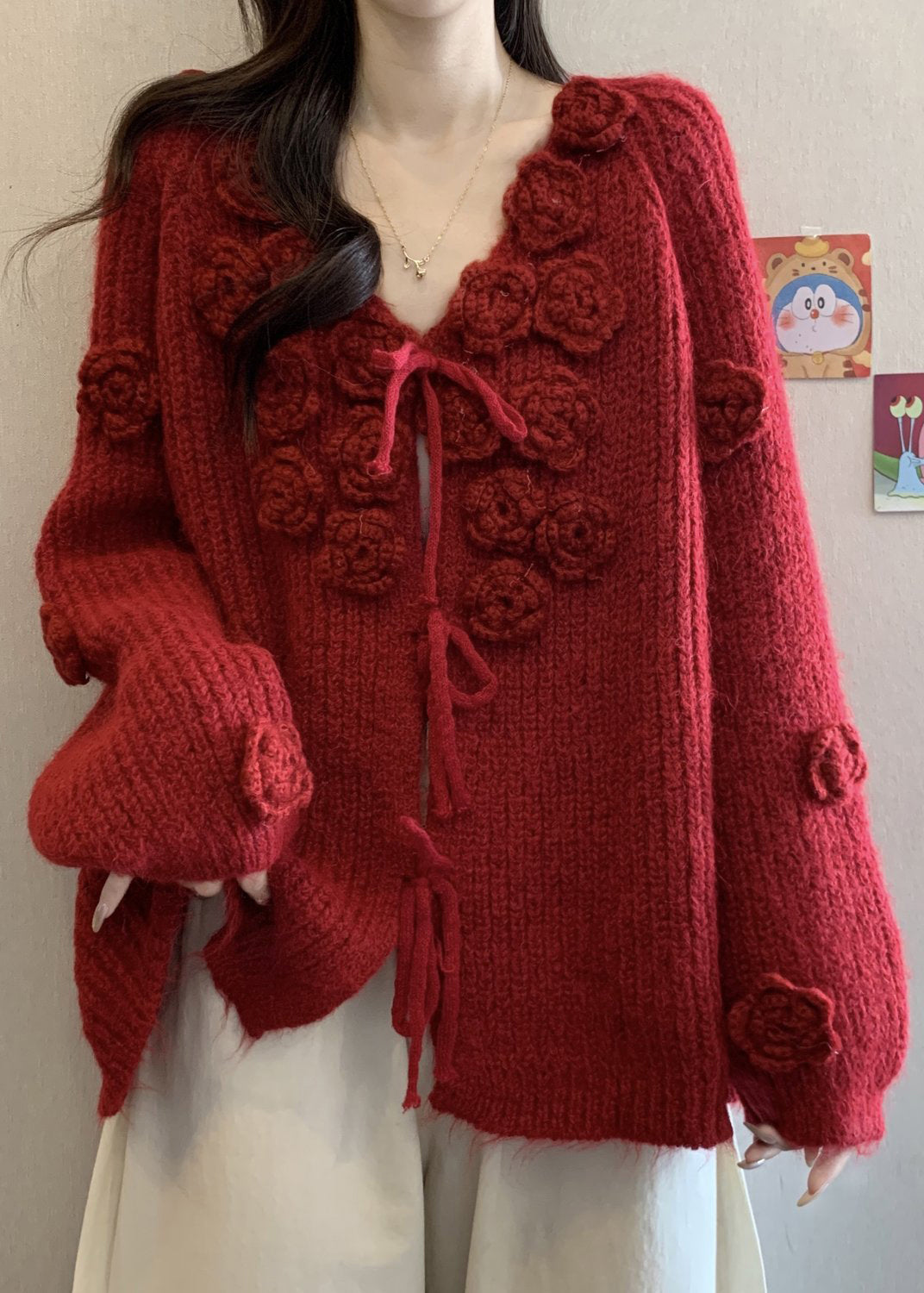 Red V Neck Lace Up Cotton Knit Cardigans Winter