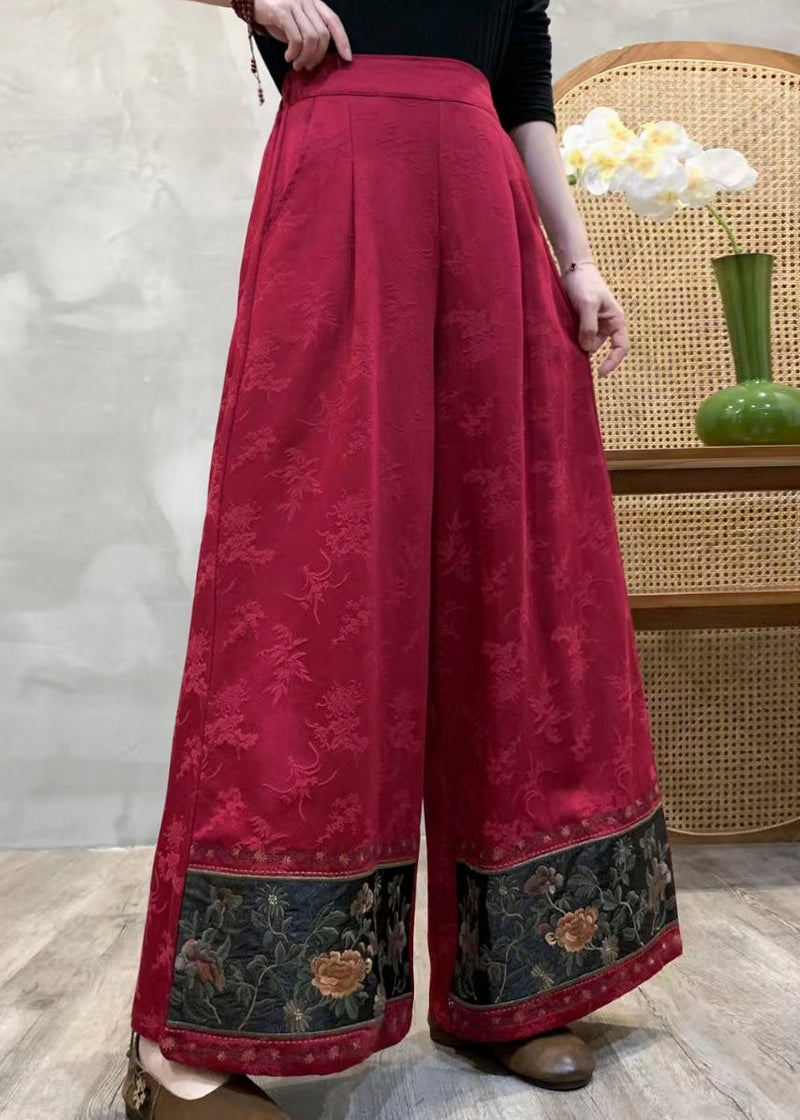 Red Embroidered Jacquard Cotton Pants Spring