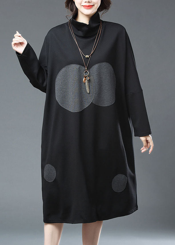 Black Turtleneck Dot Print Patchwork Cotton Dresses Fall
