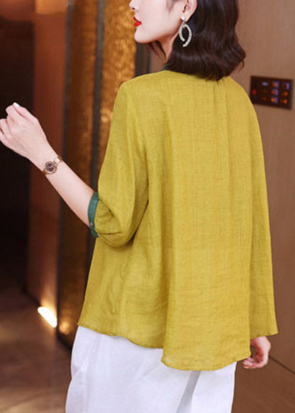 Unique Yellow Peter Pan Collar Embroiderie Button Linen Top Long Sleeve