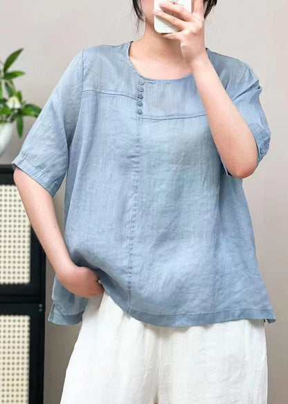 Caramel O Neck Patchwork Linen T Shirts Summer