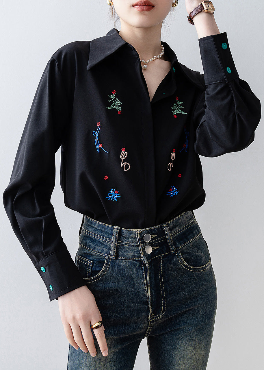 Black Embroidered Chiffon Blouse Tops Spring