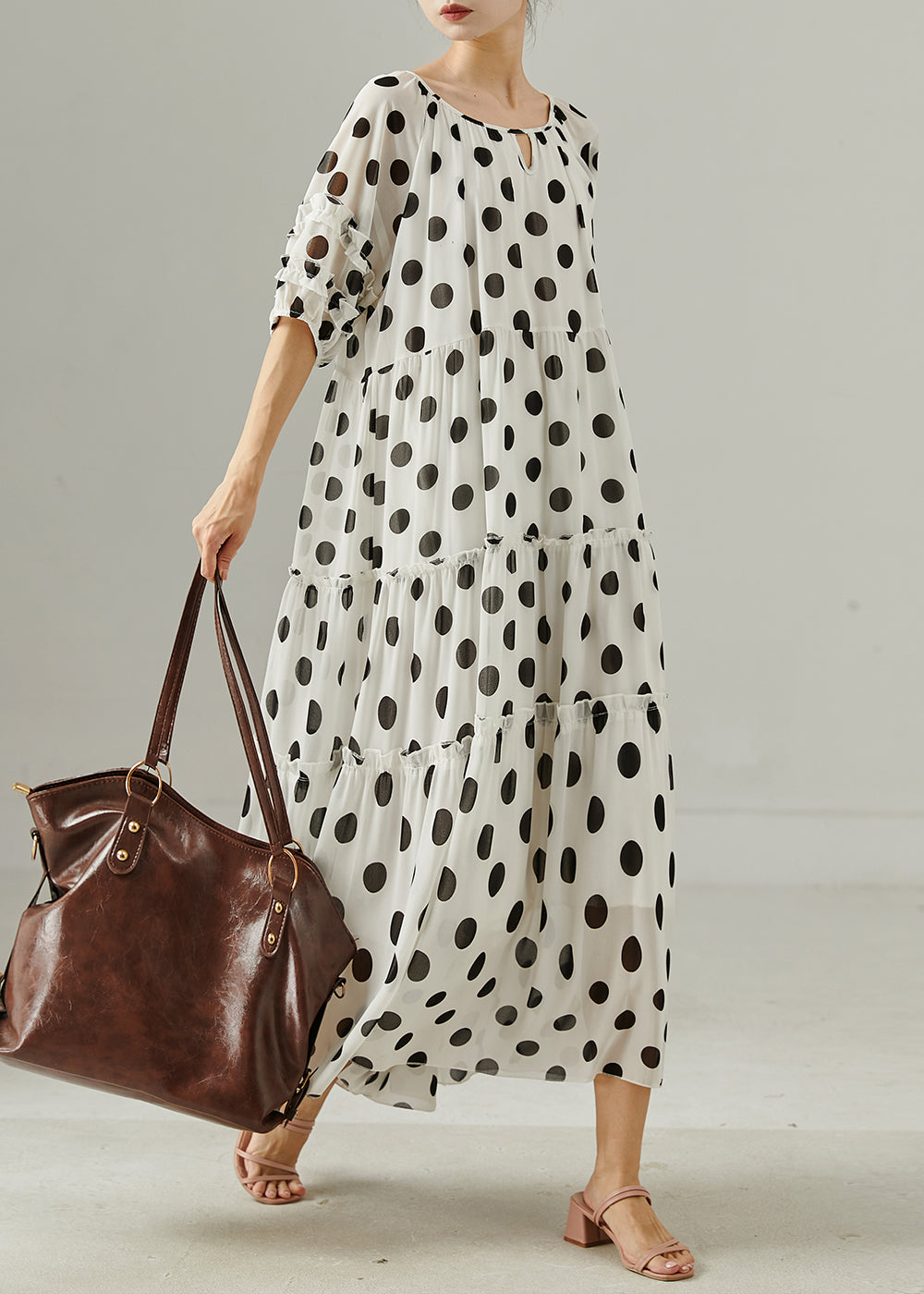 White Oversized Print Chiffon Maxi Dresses Summer
