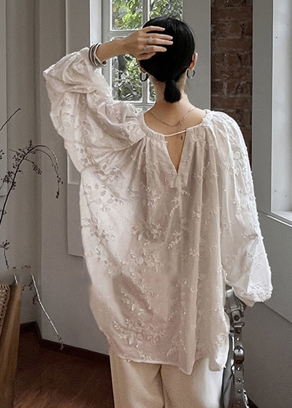 Cozy White Embroideried Cotton Shirt Tops Fall
