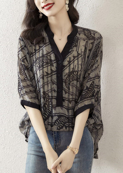 Black V Neck Print Button Silk Top Half Sleeve