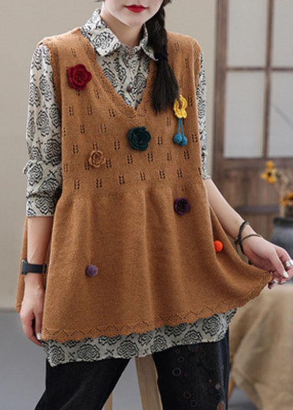 Khaki Loose V Neck Fall Knit Vest