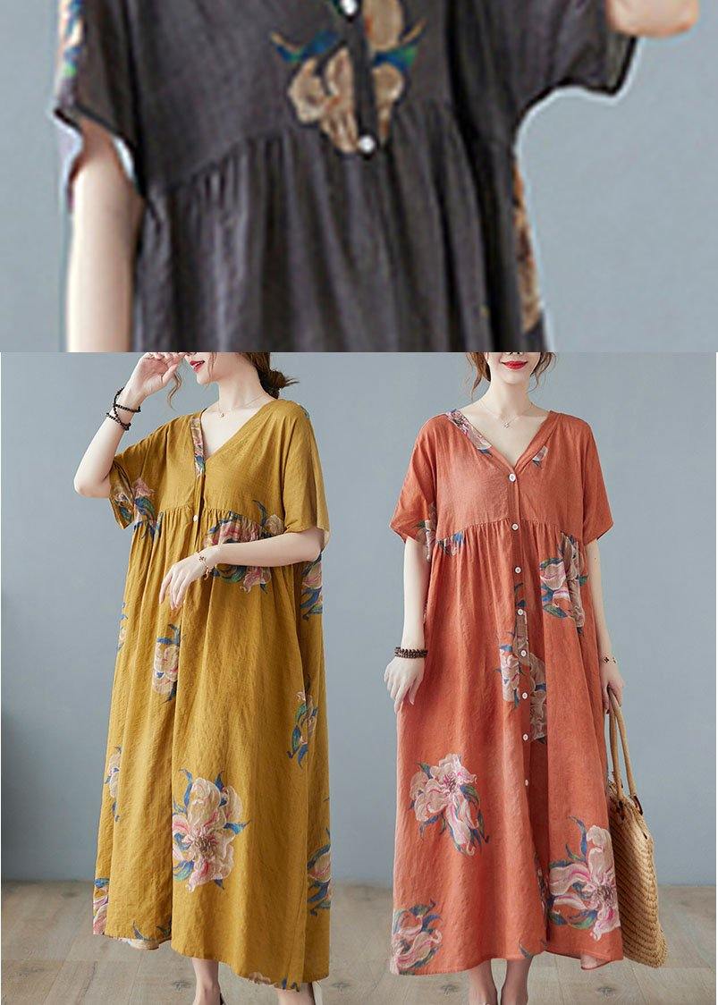 Orange Red V Neck Patchwork Summer Ankle Dress Half Sleeve