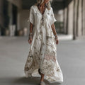 Women's Vintage Floral Embroidery Art Linen Blend V Neck Maxi Dress artswardrobe