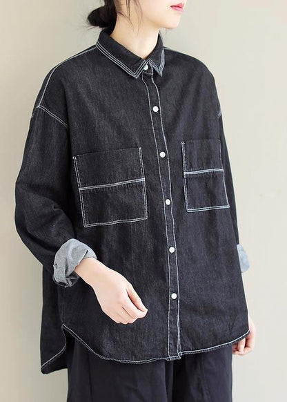 Denim Black Top Silhouette Lapel Pockets Vestidos De Lino Spring Shirts