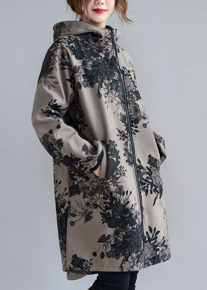 Charcoal Grey Hooded Print Pockets Patchwork Thick Coats Fall