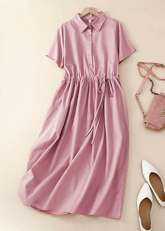 Pink Peter Pan Collar Drawstring Cotton Long Dress Summer