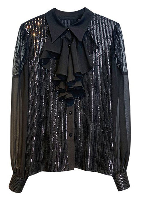 Pink Bow Sequins Patchwork Chiffon Blouses Long Sleeve