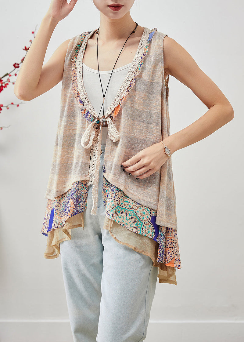 Khaki Lace Up Patchwork Ruffles Cotton Vests Sleeveless