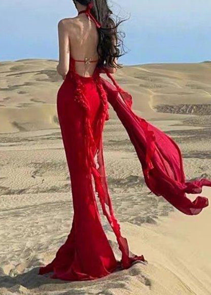 Boutique Red Ruffled Halter Backless Long Dress Summer