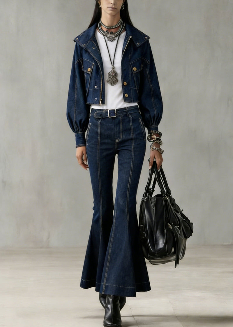 Stylish Denim Blue Peter Pan Collar Button Coats and Flared Jeans Spring